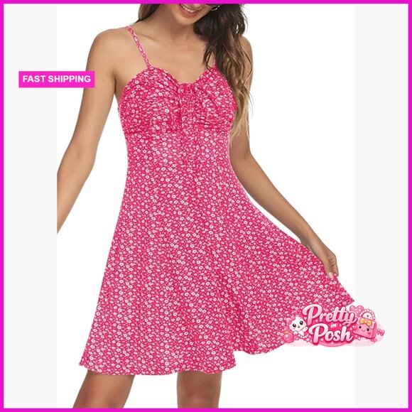Dresses & Skirts - Spaghetti Strap Floral Mini Dress Ruched Front Drawstring Sundress